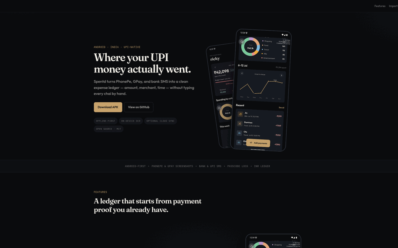 Spentd expense tracker interface showing tracked spending